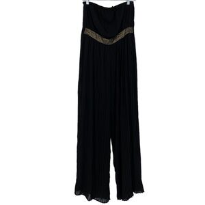 F21 black pleated beaded belt strapless wide leg jumpsuit, L